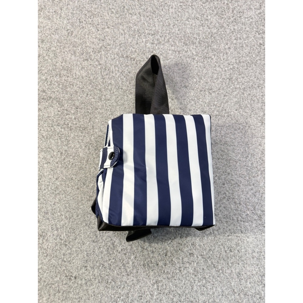 Navy Blue White Striped Foldable Travel Tote Bag Zippered Lightweight Shopper